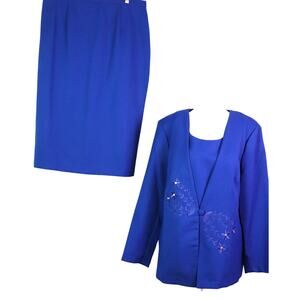 Vintage Royal Blue Skirt Suit Set Floral Embroidered Church Cocktail Work 14W